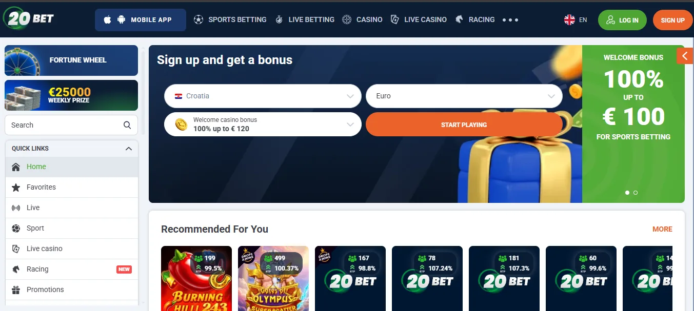 20Bet casino landing stranica