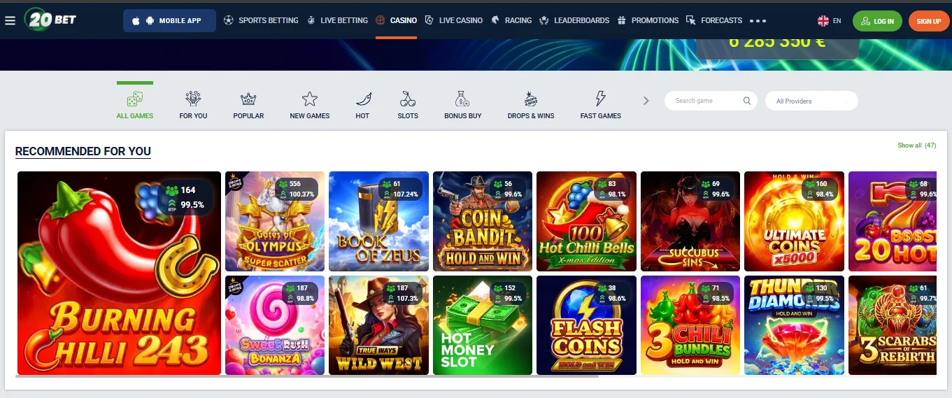 20Bet casino popularne igre