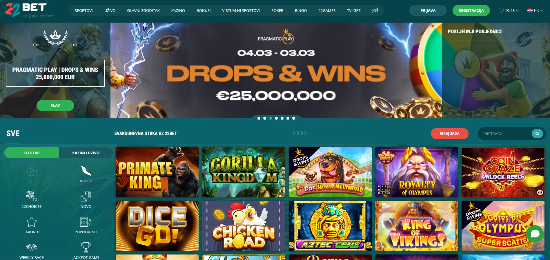 22Bet casino landing stranica
